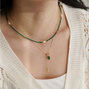 Collana a Filo "JoJo Trendy" in Argento Sterling Placcato <span class=keywords><strong>Oro</strong></span> con Perle d'Acqua Dolce Smeraldo da 6mm, Regolabile, a Strati, per Clavicole - Product Image 1