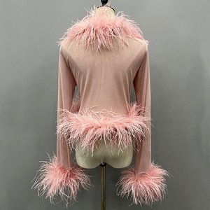 2025 <span class=keywords><strong>donna</strong></span> soffice <span class=keywords><strong>giacca</strong></span> corta di pelliccia di piume Sexy vedi attraverso la maglia estiva <span class=keywords><strong>Cardigan</strong></span> di piume di struzzo - Product Image 5