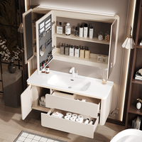 Ensemble d'armoires de salle de bain à bassin intégré en céramique laquée crème moderne Armoire de toilette en bois et caoutchouc Finition laquée