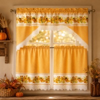 Ensemble de 3 rideaux de cuisine style ferme, rideaux courts à volants et à passe-tringle, aspect lin semi-transparent avec bordure en dentelle