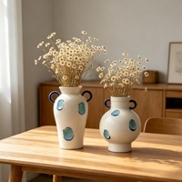 Vase en céramique artisanale bleu à pois avec poignées, pot à fleurs Wabi-Sabi peint à la main pour la décoration zen du salon et du studio