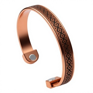 Premium Pure Copper Magnetic Therapy Cuff Bangle Geometric Diamond Pattern Adjustable Open Flat <b>Wristband</b> - Product Image 1
