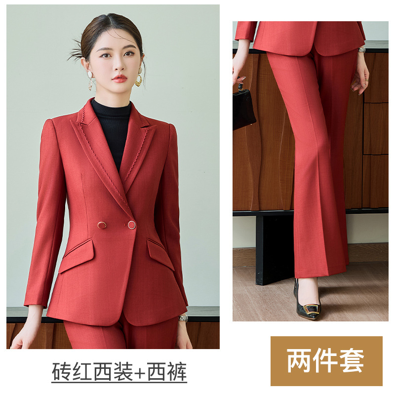 brick red suit with flared trousers