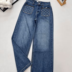 Jeans de Cintura Alta y Pierna Ancha con Detalle de Bolsillo con Costuras de Diamantes para Uso Diario Informal - Product Image 1