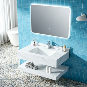 Mobile <span class=keywords><strong>Bagno</strong></span> di Lusso Impermeabile a Parete con Doppio Strato in Pietra Sinterizzata Effetto Marmo, Specchio LED e Lavabo in Ardesia per Villa - Product Image 1