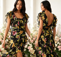Robe longue en mousseline noire à volants et imprimé floral, dos ouvert, fente haute, pour femme grande taille, idéale pour soirée, mariage ou invitées