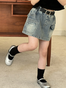Girls Summer Korean Style Denim Short <b>Skirt</b> Children's Korean Style Retro <b>Skirt</b> With Belt - Product Image 2