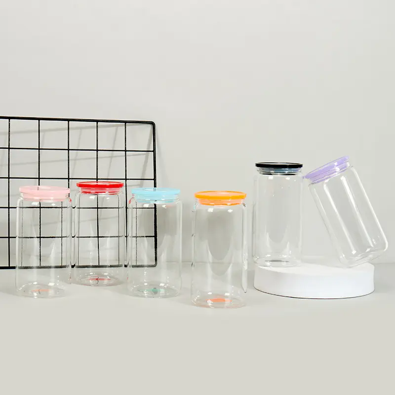 Nuovo design di fabbrica sfuso in vetro a sublimazione da 16 once tazza di vetro può cancellare barattoli di vetro con coperchi a prova di perdite