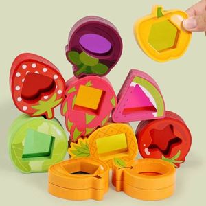 Fruit Vegetable Shaped Wood <b>Frame</b> Rainbow Colorful 10 PCS Clear Acrylic Gem Cubes Building Blocks Set for Kids - Product Image 1