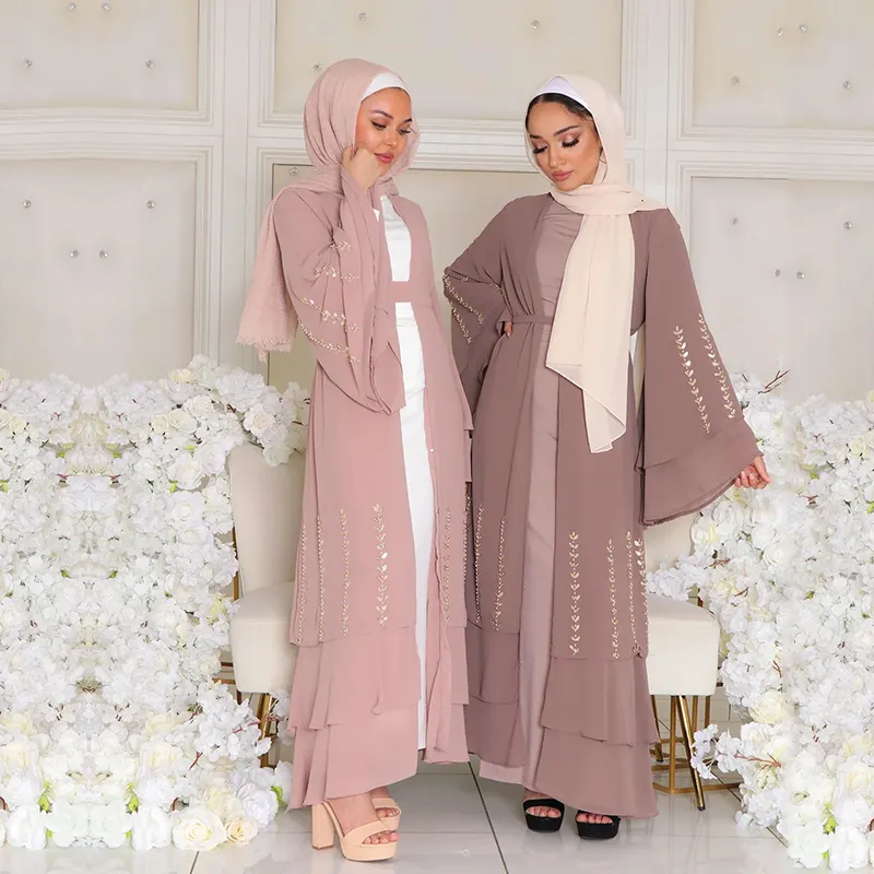 Roupas islâmicas dubia vestido longo de chiffon em camadas abaya atacado flare em camadas abaya com mangas duplas em camadas