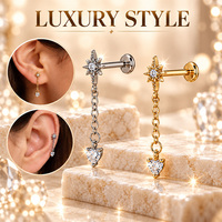 Boucles d'oreilles pendantes pour femme, motif chaîne céleste, avec zircon à filetage interne et dos plat, pour lobe d'oreille supérieur et stack d'oreilles.