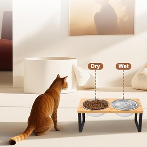 Support surélevé pour gamelles de chat avec deux bols, couleur bois naturel - Product Image 2