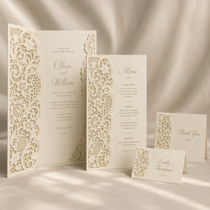 Suite de papeterie de <span class=keywords><strong>mariage</strong></span> en papier découpé au laser sur mesure, avec <span class=keywords><strong>dentelle</strong></span>, dorure à chaud, couleur ivoire, pour invitations, menus et marque-places, pour papeterie de mariée de haute couture, faible MOQ - Product Image 2