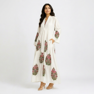 Robe Kaftan Longue en Coton Imprimé Floral de Jaipur pour Femme, Coupe Ample, Style Bohème, Écologique, OEM, Idéale pour les Fêtes - Product Image 1