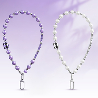 Bracelet de téléphone en perles de bambou motif panda mignon, chaîne de main en perles violettes avec patch métallique ultra-fin, cordon pour femme