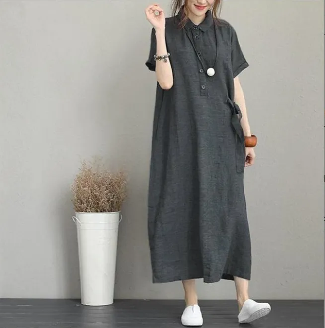 Women's new Japanese style solid color cotton and linen lapel short sleeved loose pocket casual dress