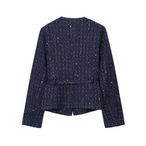 Fall Women's Clothing - Metallic Buckle, Coarse Wool, <b>Sequined</b> Trim, Round Neck, Long Sleeve, Short Fashion - Product Image 3