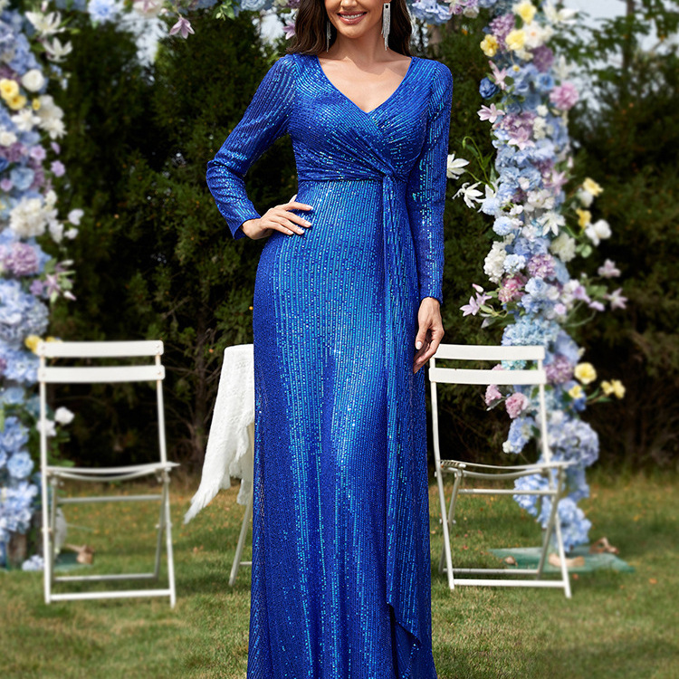 blue glitter bridesmaid dresses Mermaid Royal Blue Sequin Dresses V-neck Split  Lisposa
