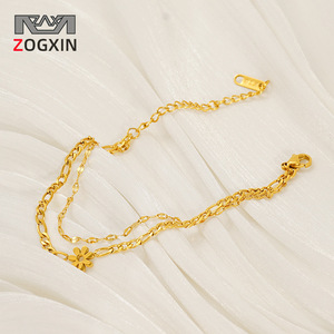 Fashion Charm Bracelet Zinc Alloy Double Layer Flower Petal Design Figaro Chain Gold Plated Women's Jewelry Gift - Product Image 2