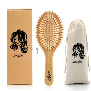 Custom Women & Men Detangling Massage Hairbrush Private Logo Bamboo Paddle Hair Brush with Box Packing Hair Brush Bamboo