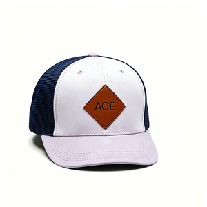 Two Tone White Lavender Navy <b>Mesh</b> Back Trucker Cap Custom Diamond PU Leather Patch 6 Panel Adjustable Trucker Hat - Product Image 2