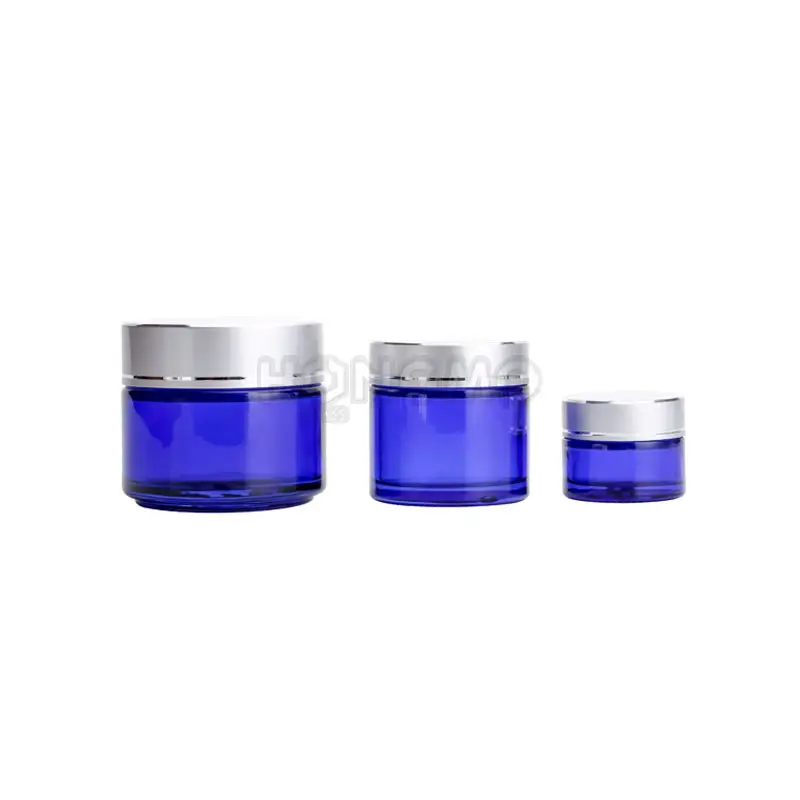 15Ml 30Ml 50Ml Kobaltblauwe Pot 2 Oz 60Ml 100 Ml Glazen Potten Met Matte Zilveren Metalen Deksels Voor Cosmetische Crèmeverpakking