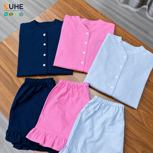ชุดนอนผ้าลินินผู้หญิง SUHE พร้อมส่ง รับผลิตแบรนด์ส่วนตัว เสื้อแขนสั้นติดกระดุม กางเกงขาสั้นระบาย ชุดนอนฤดูร้อน รับผลิตแบบ OEM ODM - Product Image 3