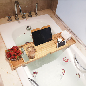 Étagère de bain télescopique multifonctionnelle en bambou avec support pour tablette et téléphone pour rangement dans la salle de bain - Product Image 1