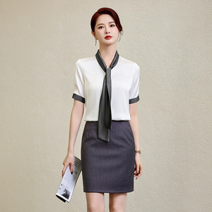 Hotel Uniform Women's Short Sleeve White Shirt With Bow <b>Tie</b> Black Skirt Set Summer 2025 <b>Polyester</b> Material - Product Image 3