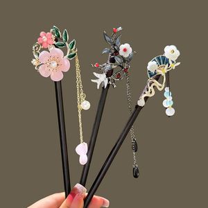 Horquilla antigua hecha a mano de madera negra, palillos para el cabello con borlas de flores, horquilla de madera estilo chino, palillo para el cabello con movimiento. - Product Image 3