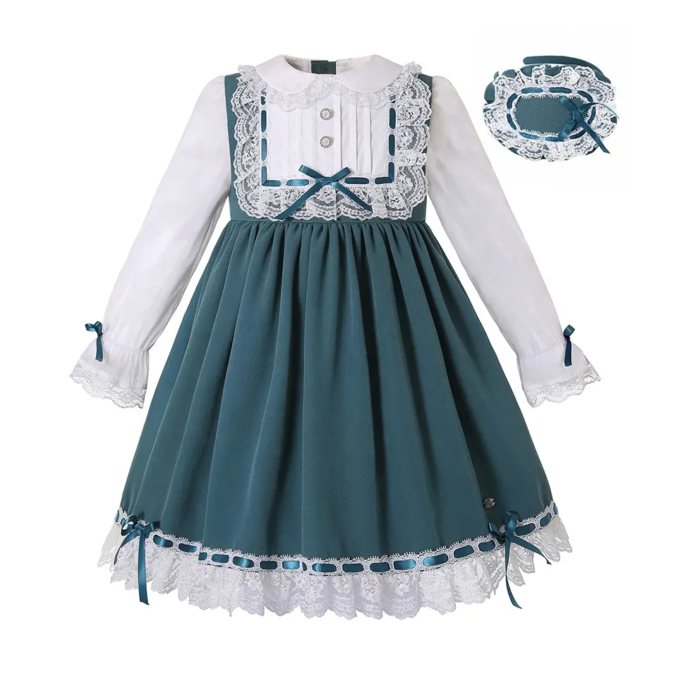 Wholesale Pettigirl 2021 New Children Kids Girls Green Christmas Vintage Dresses Size 2 3 4 5 6 7 8 10 12 Year Toddler& Hairband