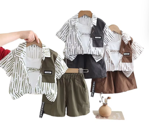 Nouvel ensemble d'été élégant pour garçons : chemise décontractée chic et tendance à manches courtes, vêtements trois pièces pour bébé en coton rayé doux - Product Image 1