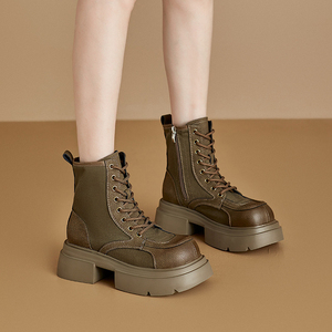 Split-Leder Canvas Damen Schnürstiefel mit Seitenreißverschluss Plateau-Martin-Stiefel Klobige PU-Sohle Atmungsaktive Halbstiefel für Alle Jahreszeiten - Product Image 4