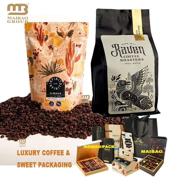 Emballage coloré 250g feuille d'aluminium Koffee/sac de café avec encoche de déchirure/sac d'emballage de café moulu/torréfié