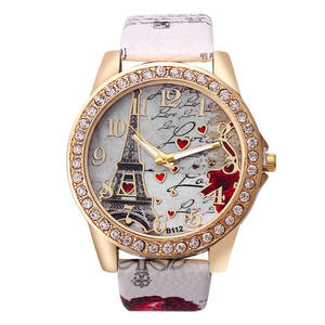 Reloj de Moda para Mujer con Diseño de la Torre Eiffel y Corazón, Correa de Aleación, Caja Chapada en Oro, Esfera Luminosa, Ligero, con Botón de Presión - Product Image 1