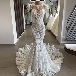 最新性感填充蕾丝婚纱2020美人鱼复古波西米亚沙滩婚纱羽毛加尺寸定制
