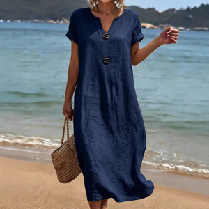 Robe en lin blanche à col en V pour femme, décontractée, couleur unie, pour la plage et les vacances, à manches courtes, coupe ample, pour le quotidien, style estival, taille naturelle - Product Image 2
