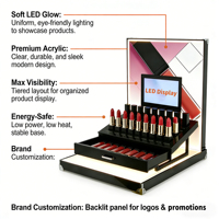 Support de présentation de produits de luxe en acrylique pour gloss à lèvres, présentoir de comptoir avec éclairage LED, présentoir de rouge à lèvres avec écran LED