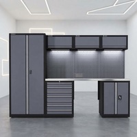 Ensemble de rangement de garage modulaire à 4 armoires avec chariot à outils mobile, établi à 7 tiroirs, panneau perforé et éclairage LED