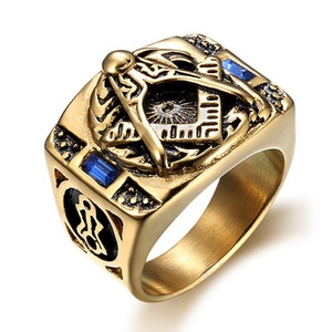 Anel maçônico banhado a ouro 18K para homem, vintage de aço inoxidável azul com pedras preciosas, ideal para vendas - Product Image 1