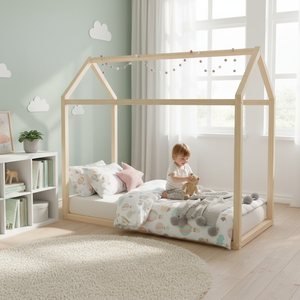 Cama Montessori con Forma de Casa para Niños Pequeños, Cama Infantil de <span class=keywords><strong>Madera</strong></span> de Pino Maciza con Techo, Cama Baja para Niños, Muebles para Guardería - Product Image 4