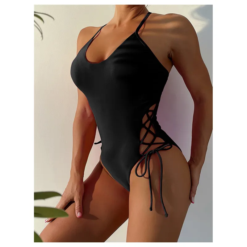 Bandage Lace Up One Piece Swimsuit Women's Backless Swimwear 2023 Monokini Black Rose Red Swimming Bathing Suit for Women