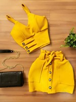 Ensemble deux pièces élégant jaune pour femme : Blazer court et short taille haute ceinturé – Tenue de soirée – Vente en gros personnalisée
