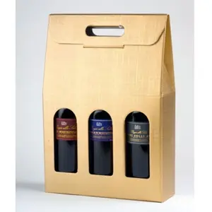 Caja de embalaje de regalo personalizada para 3 botellas de vino Kraft, caja de envío con asa, cajas rígidas de cerveza dorada
