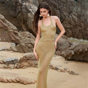 <span class=keywords><strong>2026</strong></span>新款沙滩风格女式长袍镂空碎花连衣裙夏季常规款挂脖女式无袖U领系带速干长款 - Product Image 4