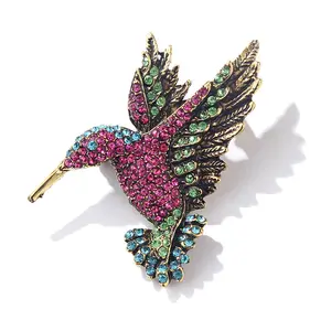 Antique Tone Bird Hummingbird Multi Color Austrian Crystal Pin Brooch Jewelry