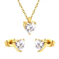 Ensemble de collier et boucles d'oreilles en acier inoxydable avec nœud papillon et zircon pour femmes, ensemble de bijoux tendance en forme de cœur transparent