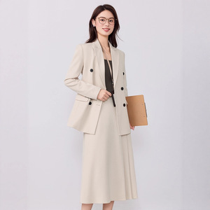Women's Grey Suit Set Midi Skirt Double Breasted Office Lady Professional Formal Wear Anti-Wrinkle Polyester Fabric - Product Image 5