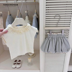 Girls Two Piece Set Off White Lace Top Gray Lantern Pants Cotton Spring Summer Outfit - Product Image 1