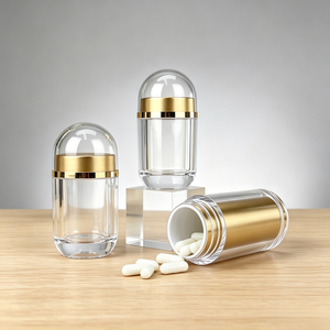 ขวดพลาสติกใสทรงแคปซูลสำหรับบรรจุยาพร้อมฝาสีทอง - Product Image 1